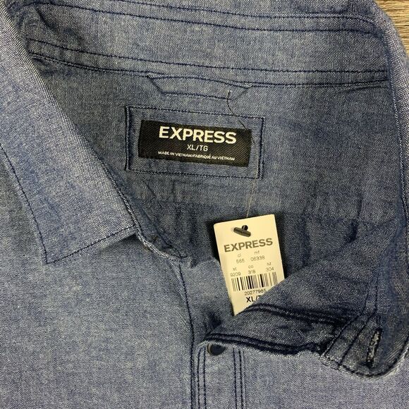 Express Shirt Mens XL Chambray Plaid Western Snap Red White Blue Cowboy Preppy - Picture 2 of 6
